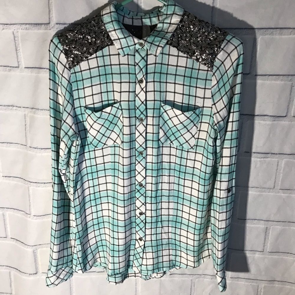 Vanity Womens Button Down Plaid Shirt with Sequins Accent Size Small